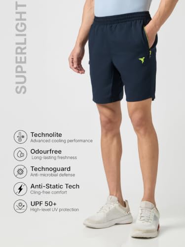 Image of TECHNOSPORT Men Solid Slim Fit Sports Shorts Techno LITE UPF50+ Polyester Mid Rise Drawstring Shorts Pant for Men Gym Workout Running Cricket Casual Quick Dry