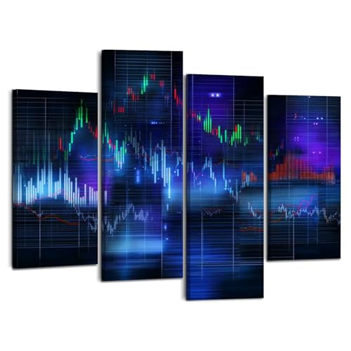 Weone Artwork 4 Panel Canvas Wall Art colorful forex chart economic datas pictures Stretched & Framed Art Prints Modern Painting Wall Decoration Ready to Hang Unique Designed
