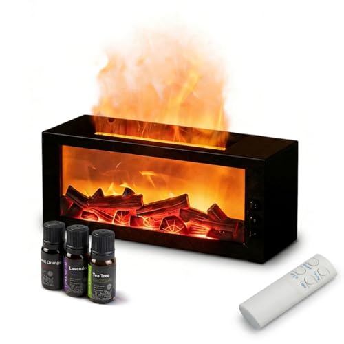 Essential Oil Diffuser Fireplace Diffusers with 3 Essential Oils Set Color Flame Aroma Diffuser with Remote Control 300ml Small Humidifier for Home Room Decor Gift for Women (Black)