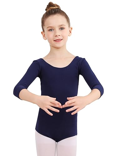 Soudittur Body Danza Classica per Bambine e Donne Cotone Body Ginnastica Artistica Costumi per Balletto Body 3/4 Maniche Lunghe (110, Blu Scuro)