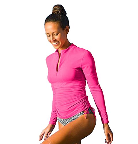 Women's Long Sleeve Rash Guard Wetsuit Swimsuit Top Uv Sun Protection (901 M, Rose Red) #TOP3