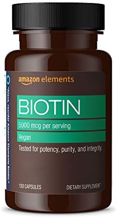 Amazon Elements Vegan Biotin 5000 mcg for Hair, Skin, and Nails, 130 Capsules, 4 Month Supply (Packaging may vary)