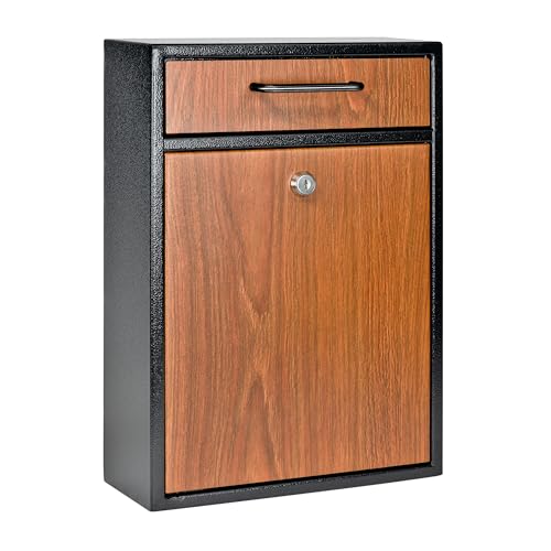 Mail Boss 7427 High Security Steel Wall-Mounted Locking Mailbox, (Office Drop, Comment, Letter, Deposit Box), Black with Wood Grain Powder Coat