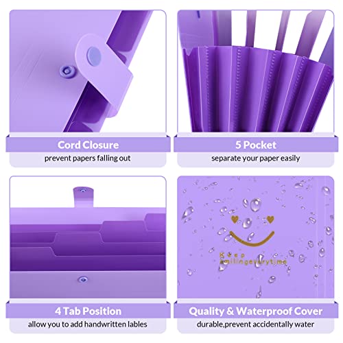 Skydue Cute Accordion File Organizer，Expanding File Folders With 5 Pockets And Labels, Portable Document Paper Organizer, Letter / A4 Size, Purple #TOP1