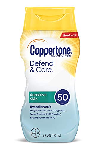 Coppertone Defend & Care Sensitive Skin Sunscreen Lotion Broad Spectrum SPF 50 (6 Fluid Ounce) (Packaging may vary) Coppertone Defend & Care Sensitive Skin Sunscreen Lotion Broad Spectrum SPF 50 (6 Fluid Ounce) (Packaging may vary)