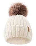 FURTALK Kids Winter Hat Toddler Knitted Beanie with Faux Fur Pom Poms for Baby Girls Boys White,3-24 Months