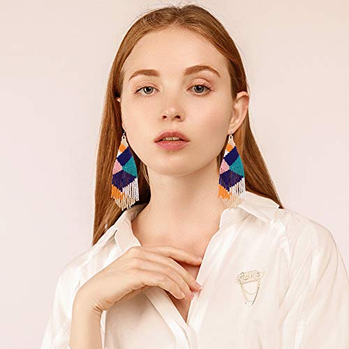 Luluping Long Beaded Dangle Earrings – Boho Native Handmade Seed Bead Tassel Earrings For Women, Bohemian Large Statement Beaded Drop Fringe Earrings (Colorful Beaded Earrings B) #TOP1