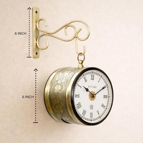 Image of Handcrafted Double Side Metal Analog Vintage Wall Clock | 1.5 Year Machine Warranty | 6 INCHES | 1 Side Number 1 Side Roman,Color Golden