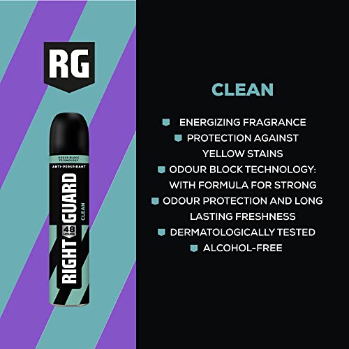 Right Guard Men's Deodorant Clean, 48 Hour High Performance Anti-Perspirant Aerosol Spray, No White Residue, Alcohol Free, Dermologically Tested, 250ml - Image 3