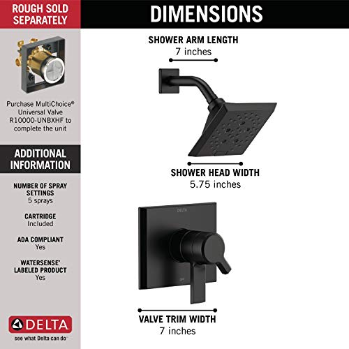 Delta Faucet Pivotal 17 Series Dual-Function Shower Faucet, Shower Trim Kit, 5-Spray H2Okinetic Shower Head, Matte Black T17299-BL (Valve Not Included) by DELTA - Image 2