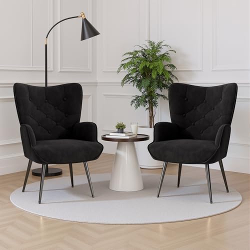 Nalupatio Mid Century Modern Accent Chair Set of 2, Velvet Upholstered Armchair with Metal Legs, Tufted Button Wingback Side Chair, High Back Reading Chair for Living Room Bedroom, Black