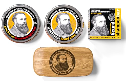 Professor Fuzzworthy Deluxe Beard Grooming Kit Gift Set for Men | 100% Natural Beard SHAMPOO Beard Balm & Beard Conditioner | Bass Beard Brush Boar Bristle | Organic Essential Plant Oils