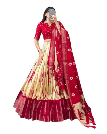 Lehenga Choli with Dupatta, Cream and Mustard Yellow, Bandhani Print-picture-26
