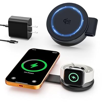 2 in 1 Magnetic Wireless Charger, Qi2 25W Fast Charging Travel Station Pad Compatible with MagSafe for iPhone Air/17/16/15/14/13/12, 5W for Apple Watch, AirPods 4/3/2/Pro with 30W Adapter
