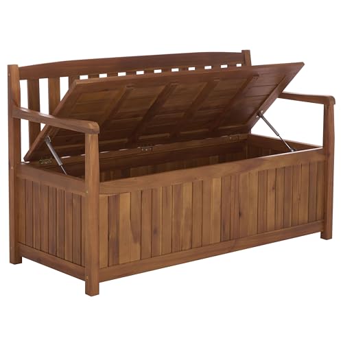 SAFAVIEH Outdoor Patio Furniture Collection – Kelter Solid Teak Wood Bench Box with Storage, Slatted Design, Versatile Indoor/Outdoor Seating (PAT6813A)