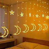 Dazzle Bright Ramadan Curtain String Lights, 138 LED 8.2 FT Warm White Star Moon Window Lights with Timer and 8 Lighting Modes, Waterproof Ramadan Decorations for Bedroom Wall Wedding Outdoor Party