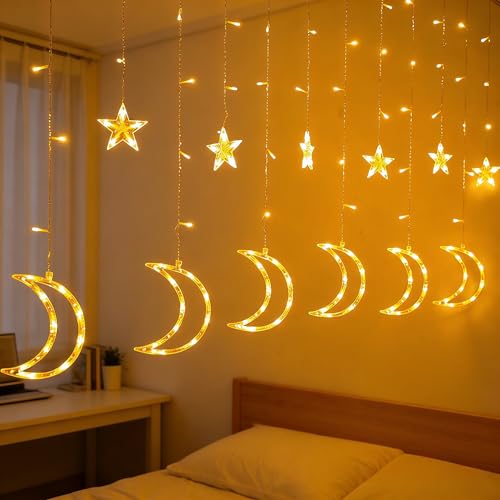 Dazzle Bright Ramadan Curtain String Lights 138 LED 8.2 FT Warm White Star Moon Window Lights with Timer and 8 Lighting Modes Waterproof Ramadan Decorations for Bedroom Wall Wedding Outdoor Party