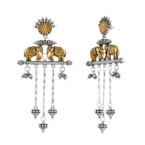 Image of Voylla Qasbah Oxidised Two Tone Stud Earrings For Women, Oxidised Dangler Earrings For Women, Dual Tone, Everyday, Festive, Diwali, Karwachauth, Gift For Her (Haathi Mere Sathi)
