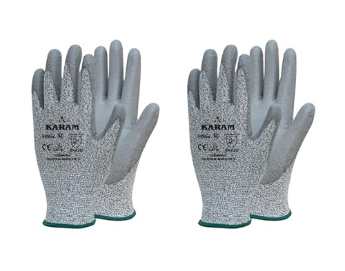 Image of Karam HS62 PU Palm Coated 13 Gauge HPPE Safety Gloves | Cut Resistance with Comfort & Dexterity | Work Gloves with Elasticated Knit Wrist | Size-M | Pack of 2