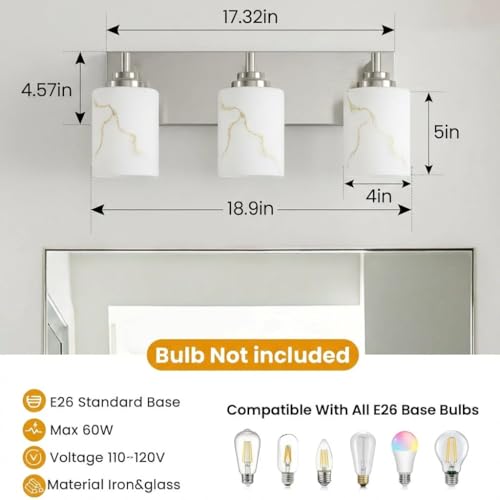 Image of 3-Light Bathroom Light Fixture, Brushed Nickel Modern Vanity Light with White Marble Glass Shade, for Bathroom Mirror, Living Room, Bedroom, Hallway, E26 Base, Extended Base