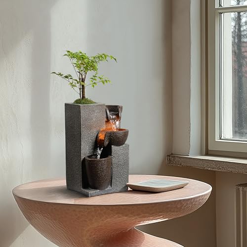 Mseonwxi Resin Tabletop Waterfall Fountain with LED Light & Plant Pot, Indoor Desk Water Fountains for Home Office Decor (22028N) - Thumbnail 5