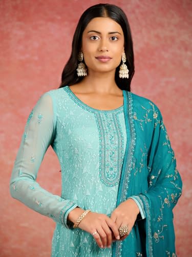 Image of Libas Embroidered Georgette Straight Kurta With Trouser and Dupatta