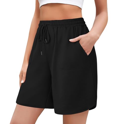 Aottori Pantalones Cortos Mujer Verano Cintura Alta Shorts con Cordón Deportivo Pantalon Corto Deporte con Bolsillos para Jogging Fitness Yoga A-Negro M