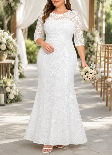 Image of Pinup Fashion Plus Size Formal Dress Women Wedding Lace Evening Gowns | Elegant lace mermaid evening gown, sheer 3 /4 sleeves, ideal for mother of the bride, prom, wedding guest