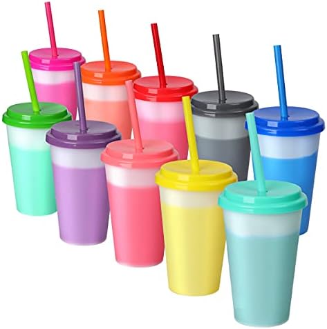 Plastic Kids Cups with Lids and Straws - 10 Pack 12 oz Reusable Tumbler with Straw | Color Changing Cup with Lid Adults Bulk Travel Tumblers Drinking Cups for Cold Coffee