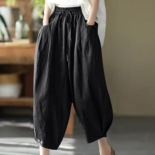 Womens Cotton Linen Pants Casual Summer Palazzo Pants Baggy Wide Leg Drawstring Elastic Waist Trousers with Pockets2