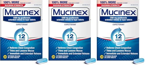 Mucinex Maximum Strength 12 Hour Chest Congestion Expectorant Relief Tablets, 1200 mg, 28 Count, Thins & Loosens Mucus (Pack of 3)
