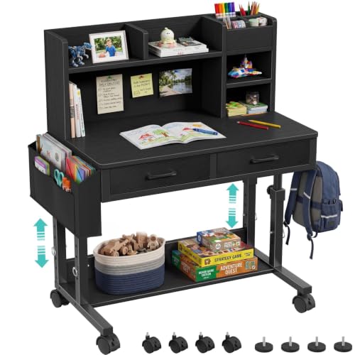 WINAZ Black Mobile Kids Desk - 32" Height Adjustable Study Table with Hutch