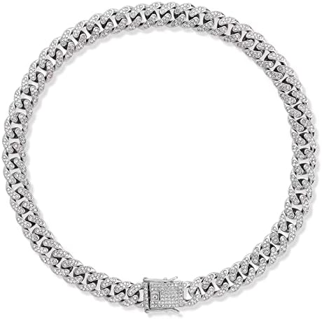 Dog Chain Diamond Cuban Collars Walking Gold Metal Chain Collar with Design Secure Buckle,Pet Cuban Crystal Collar Necklace Accessories for Small Medium Large Dogs Cats,Silver 8inch