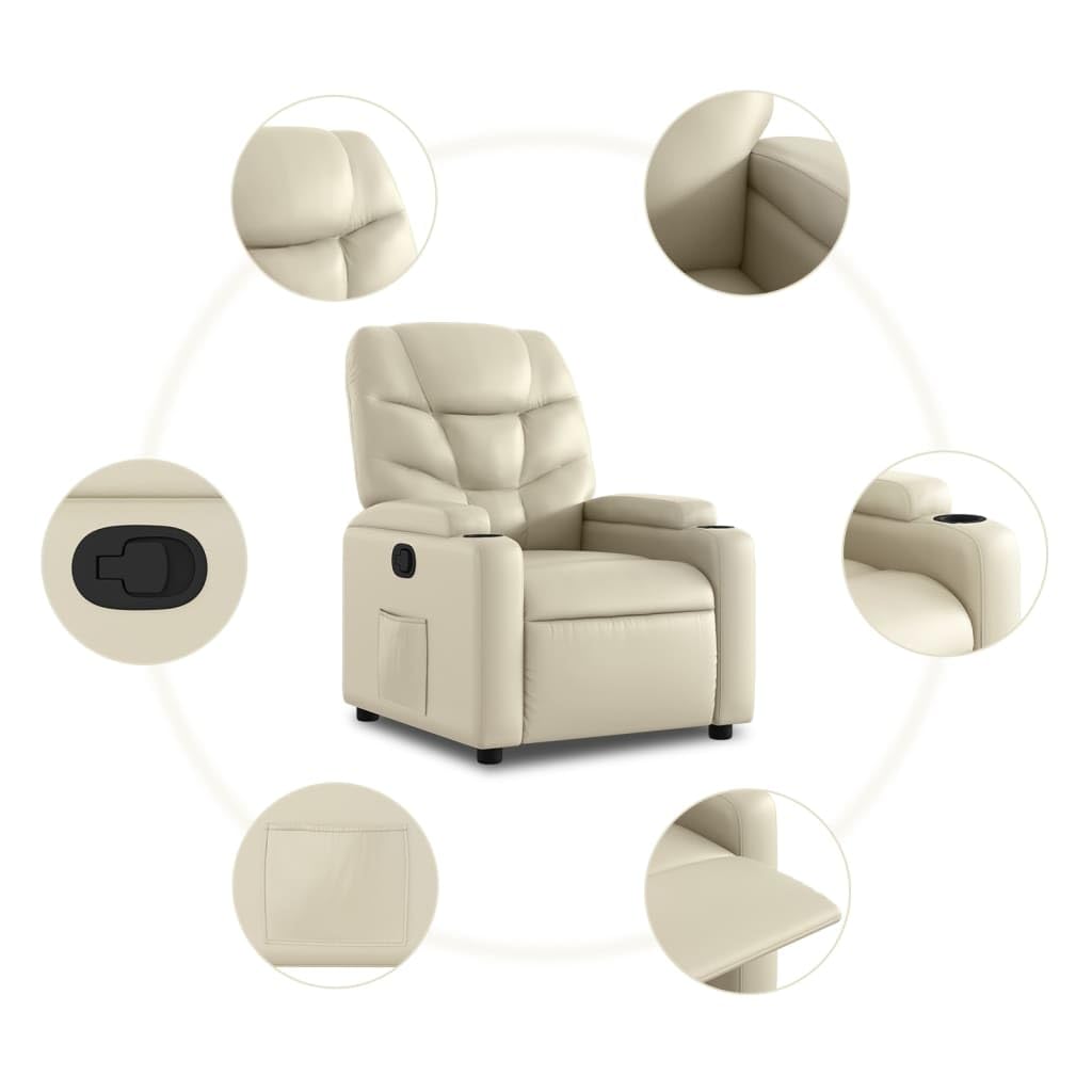 Sillón elevador eléctrico reclinable de piel sintética color crema con función de elevación y reclinación manual hasta 135 grados, cómodo con portavasos y bolsillo lateral