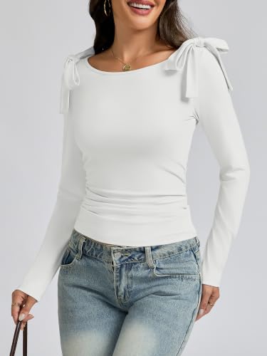 Women's Cute Tie Shoulder Ruched Tops - image 3