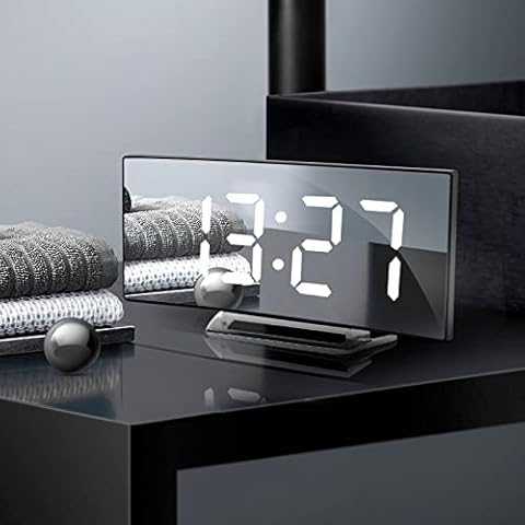 Netzu Digital Alarm Clock, Curved Mirror Clock Bedroom Large Number Dimmable Clock Electric LED Screen Snooze for Table Home Bedrooms Smart Loud Alarm Clock Cover