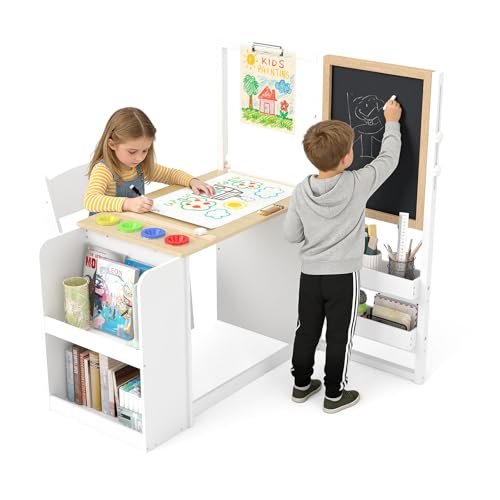 Frogprin 3 in 1 Kids Art Table and Chair Art Easel for Kids Toddler Craft Set Wood Play Activity Desk with Adjustable Double-Sided Easel Paper Roll Storage Box Book Shelves