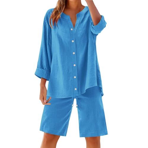 Ensemble d'été 2 pièces chemise col en V et short en lin bleu