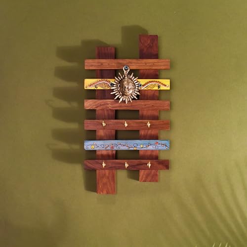 Image of AAKRITI ART CREATIONS Key Holder, Taksha Key Hanger with Mask Motifs and Beautiful Artwork | Rustic Dhokra & Wooden Wall Organizer with 6 Hooks | New Home Gifts.