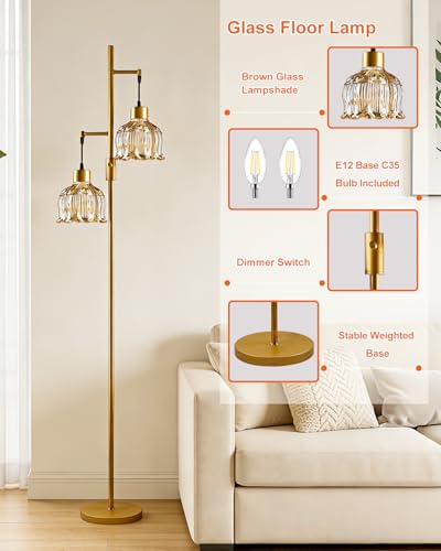 Image of Lightdot 2- Light Gold Flower Floor Lamp, 65IN Amber Glass Floor Lamps with 3000K Warm White Bulbs, Modern Standing Tall Lamp with 5Lbs Heavy Base for Living Room Bedroom Home Office Sofa Beside