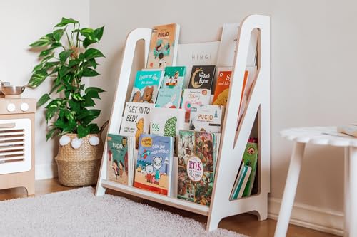 HINGI Blanco Libreria Infantil Montessori | Estanteria Libros Infantil con 4 Compartimentos y Espacio Trasero | Biblioteca Infantil 35x86x83cm para Habitación Infantil y Sala de Juegos