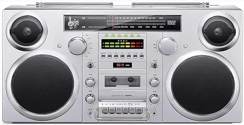 Boombox retro con Bluetooth, reproductor de CD, radio AM/FM, ranuras SD, entrada auxiliar, conector para auriculares, conversión USB/SD para reproducción de audio moderna