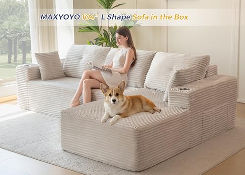 Image of MAXYOYO 104 inch Modular Sectional Couch with L-Shape Chaise, Modern Boneless Couch for Living Room, Sofa in A Box, Oversized Sofa with Deep Seat, No Assembly Required, Grayish Beige