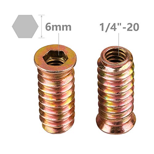 40Pcs Anwenk 1/4"-20 x 25mm Furniture Screw in Nut Threaded Wood Inserts Bolt Fastener Connector Hex Socket Drive for Wood Furniture Assortment (with Hex Spanner) - Thumbnail 3