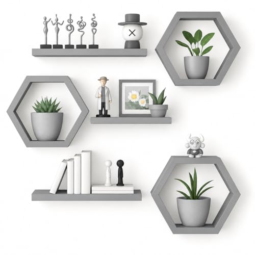 Image of Hexagon Wall Shelves Set of 6 | Wooden Floating Wall Shelf for Home Decor | Honeycomb Design Wall Rack for Living Room, Bedroom & Office (Grey)