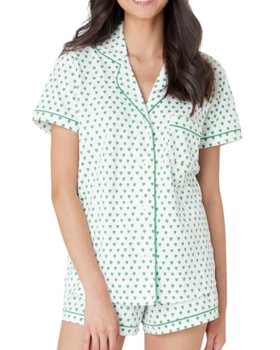Image of Womens Y2k Preppy Pajamas Set, 2 Piece Button Down Monkey Beach Shorts Set Holiday Vacation Loungewear Pjs for Jammies Back to School Party Birthday Gifts(Green Heart, X-Small)