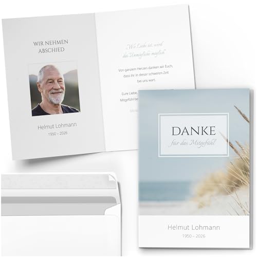 10 Trauer Danksagungen Dankeskarten PERSONALISIERT mit Text und Foto | Individuell anpassbare Trauerkarten mit Briefumschlägen | Danke für das Mitgefühl Meer Dünen Strand Seebestattung See Wasser 10 Trauer Danksagungen Dankeskarten PERSONALISIERT mit Text und Foto | Individuell anpassbare Trauerkarten mit Briefumschlägen | Danke für das Mitgefühl Meer Dünen Strand Seebestattung See Wasser