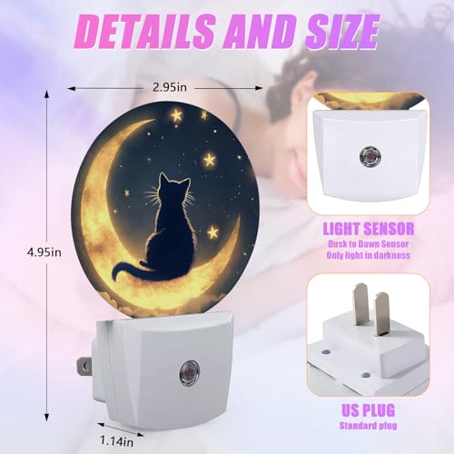 Image of Cat Moon Night Light Starry Sky Night Lights LED Lamp Round Plug into Wall Nightlight with Dusk to Dawn Sensor Home Hallway Stairway Kitchen Decor