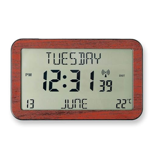 Coopers of Stortford - Giant Radio-Controlled Digital Clock - Extra-Large LCD Display with Day, Date, Temperature and Two Alarms - Wood-Effect Frame, Freestanding or Wall Mount