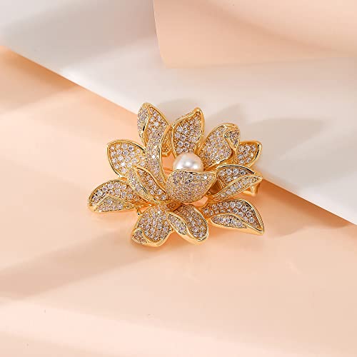 Jerler Gold Crystal Brooch Pin Rhinestone Lapel Pin Jewelry For Women, Banquet Scarf Pearl Pins For Wedding Bridal Party (Style-2) #TOP1